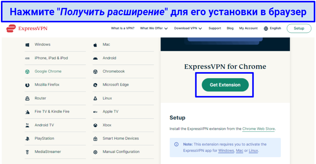A screenshot of ExpressVPN's browser extension installation setup button