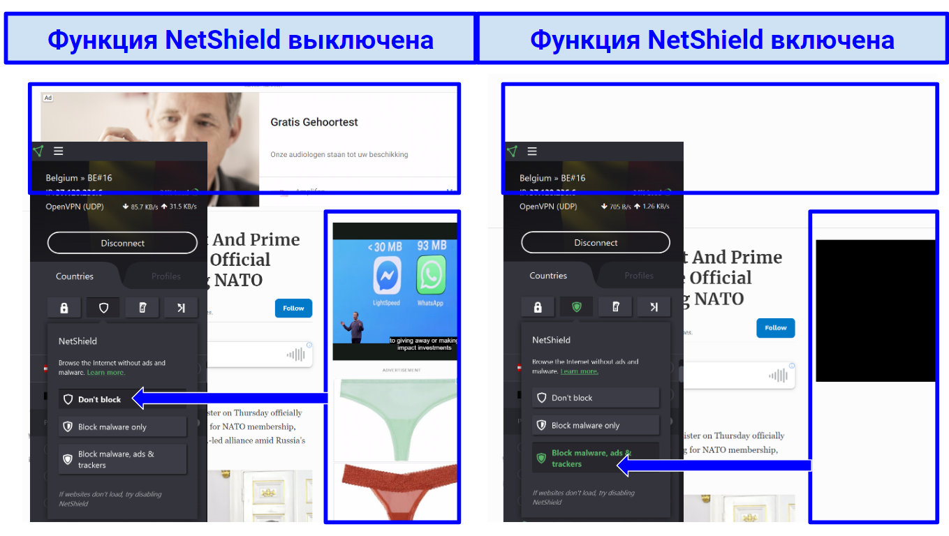 Screenshot showing ProtonVPN's NetShield feature working to block on-page ads