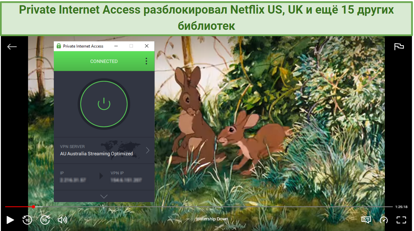 Screenshot of Private Internet Access connected to an Australian server. Behind this is a screenshot of Netflix playing, 'Watership Down'.
