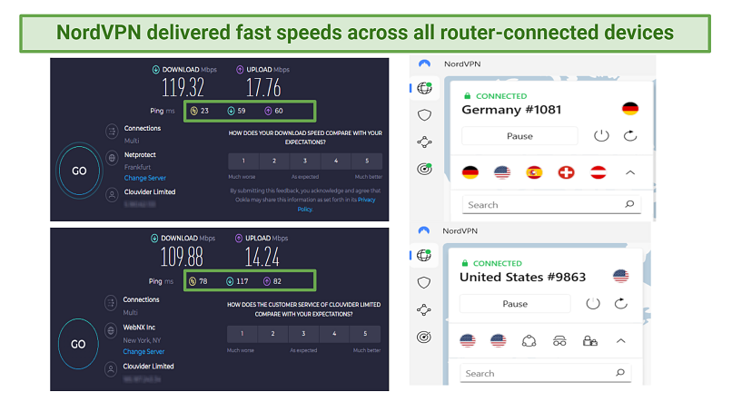 screenshot of NordVPN's speed test results