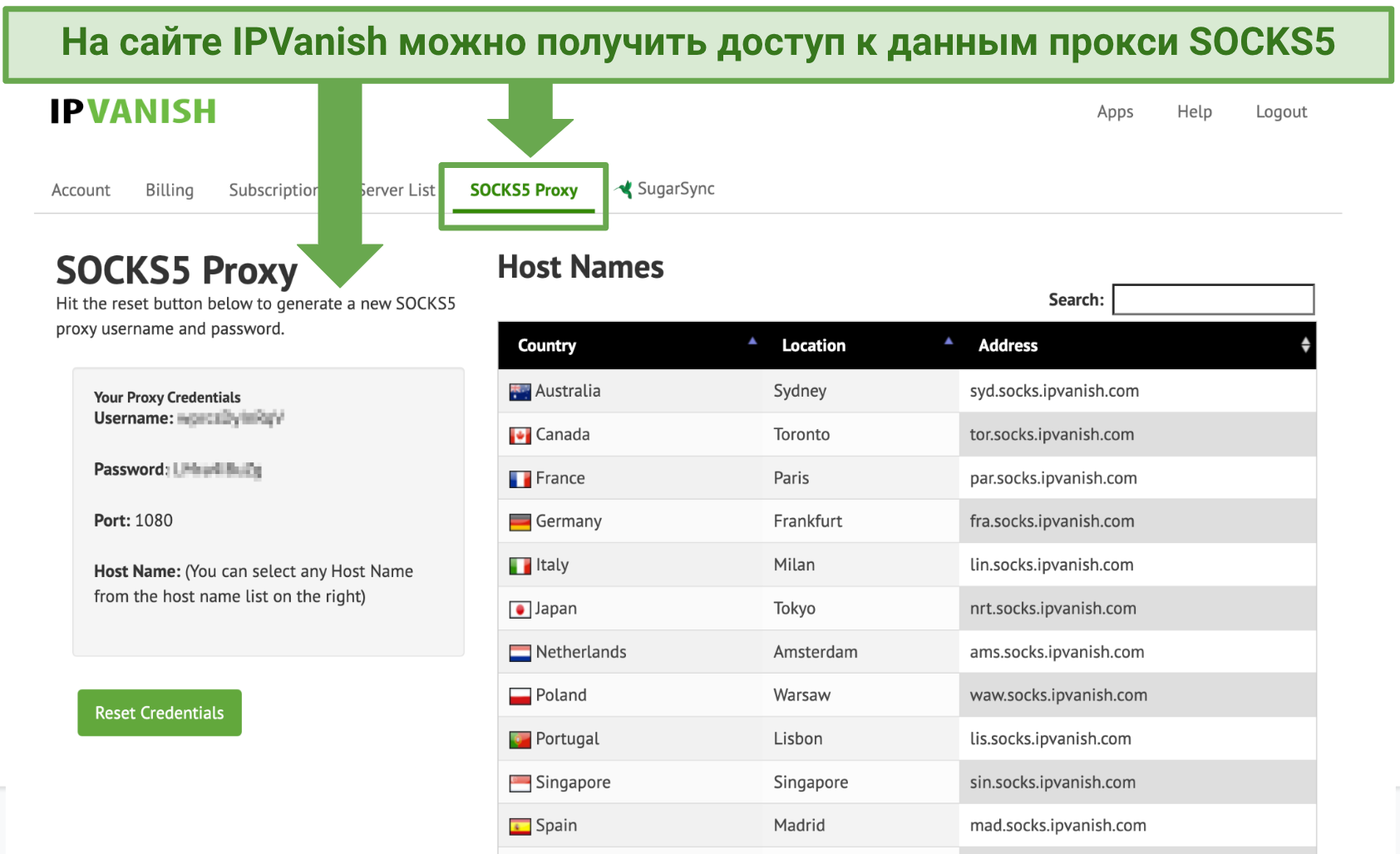 Screenshot showing how to navigate the IPVanish website to access your SOCKS5 proxy details