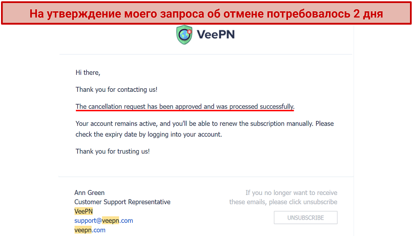 Screenshot of cancellation confirmation over emails with Veepn support