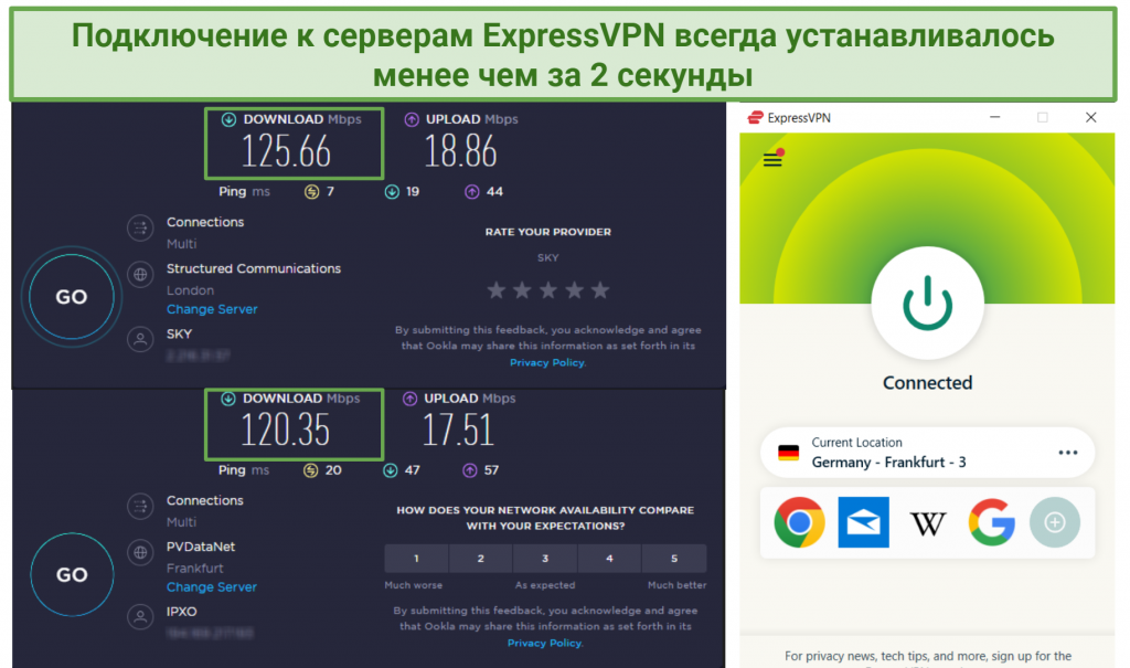 Image showing ExpressVPN speed of ExpressVPN's Frankfurt server in Germany and user base speed in the UK