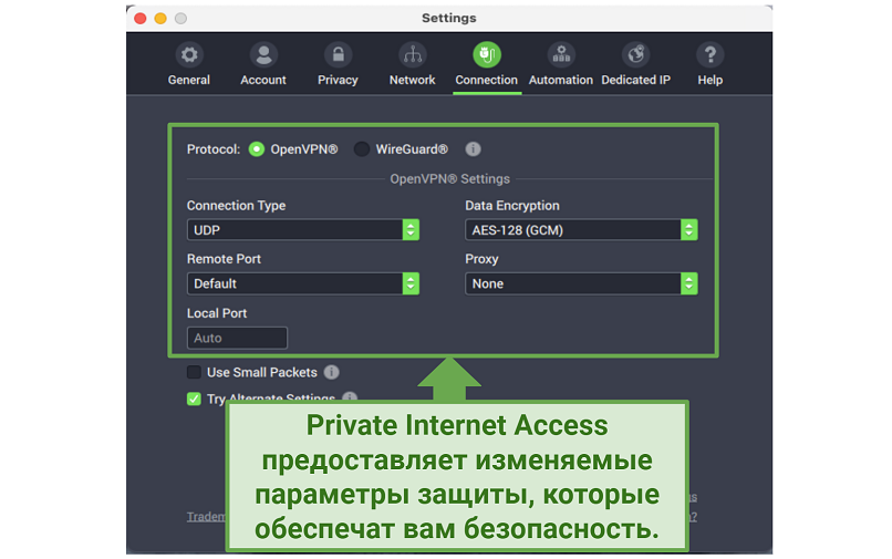 Graphic showing PIA security settings