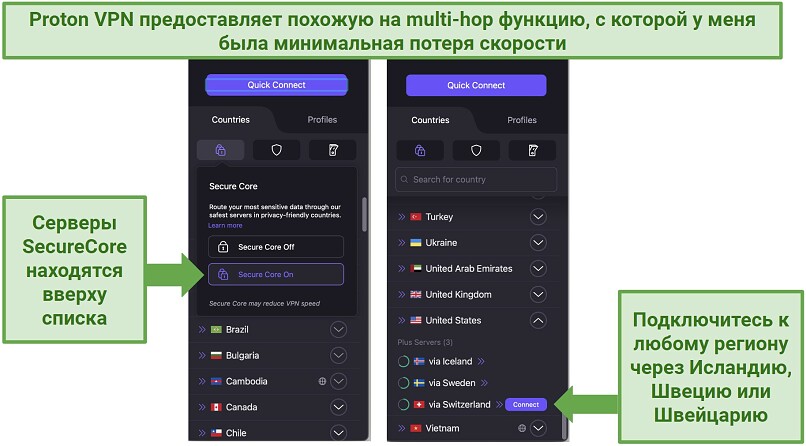Screenshot showing how to get a Secure Core connection on Proton VPN