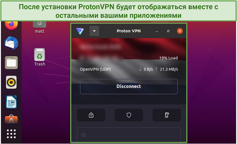 Screenshot of Proton VPN connected to a free server on Linux