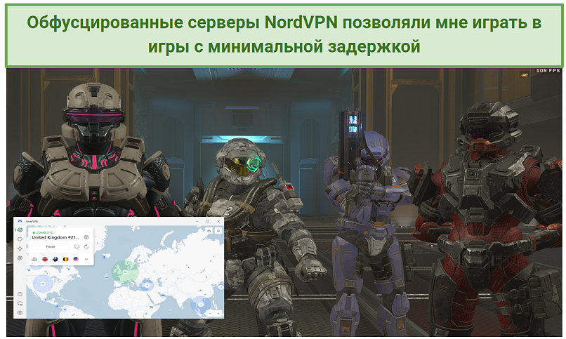 Screenshot of Halo gameplay with NordVPN's obfuscated servers connected