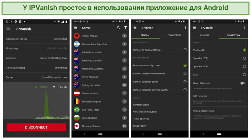Screenshots showing IPVanish's Android app settings menu and its server list