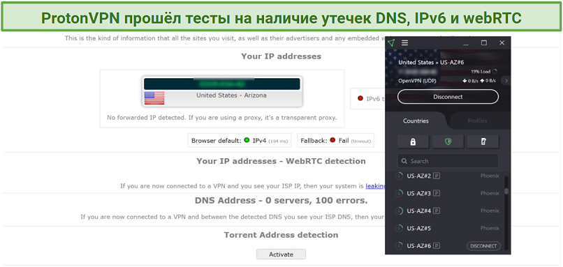Screenshot of Proton VPN connected to the AZ#6 server during a test on ipleak.net