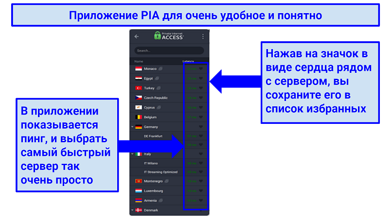 Screenshot of PIA's app displaying latency and the favorite option
