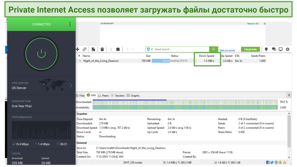 Screenshot of uTorrent downloading Night of the Living Dead while connected to Private Internet Access
