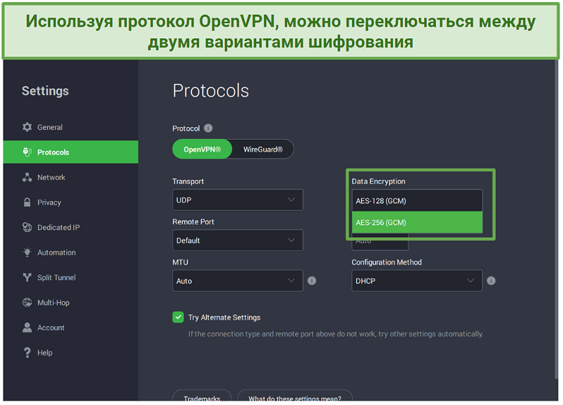 A screenshot of PIA's Protocols showing OpenVPN matched with AES-256 (GCM)