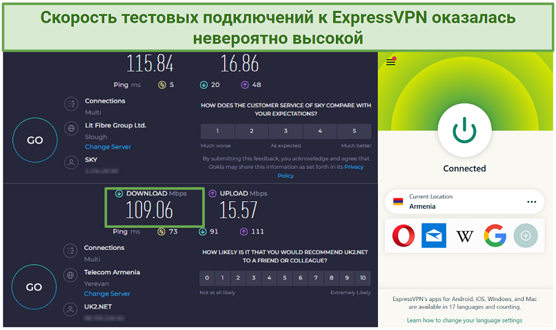 Screenshot of ExpressVPN's speed tests showing only a 6% drop