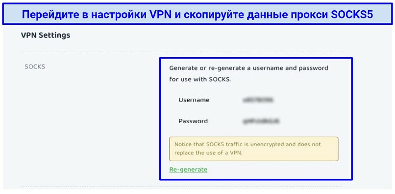 Screenshot of PIA’s SOCKS5 proxy credentials