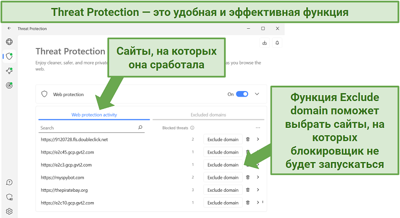 screenshot showing NordVPN's threat protection feature displaying which sites it blocked threats on