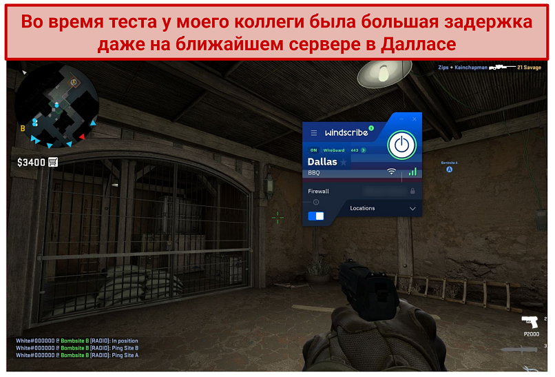 Screenshot of Steam running Counter-Strike: Global Offensive while connected to Windscribe's Dallas BBQ server