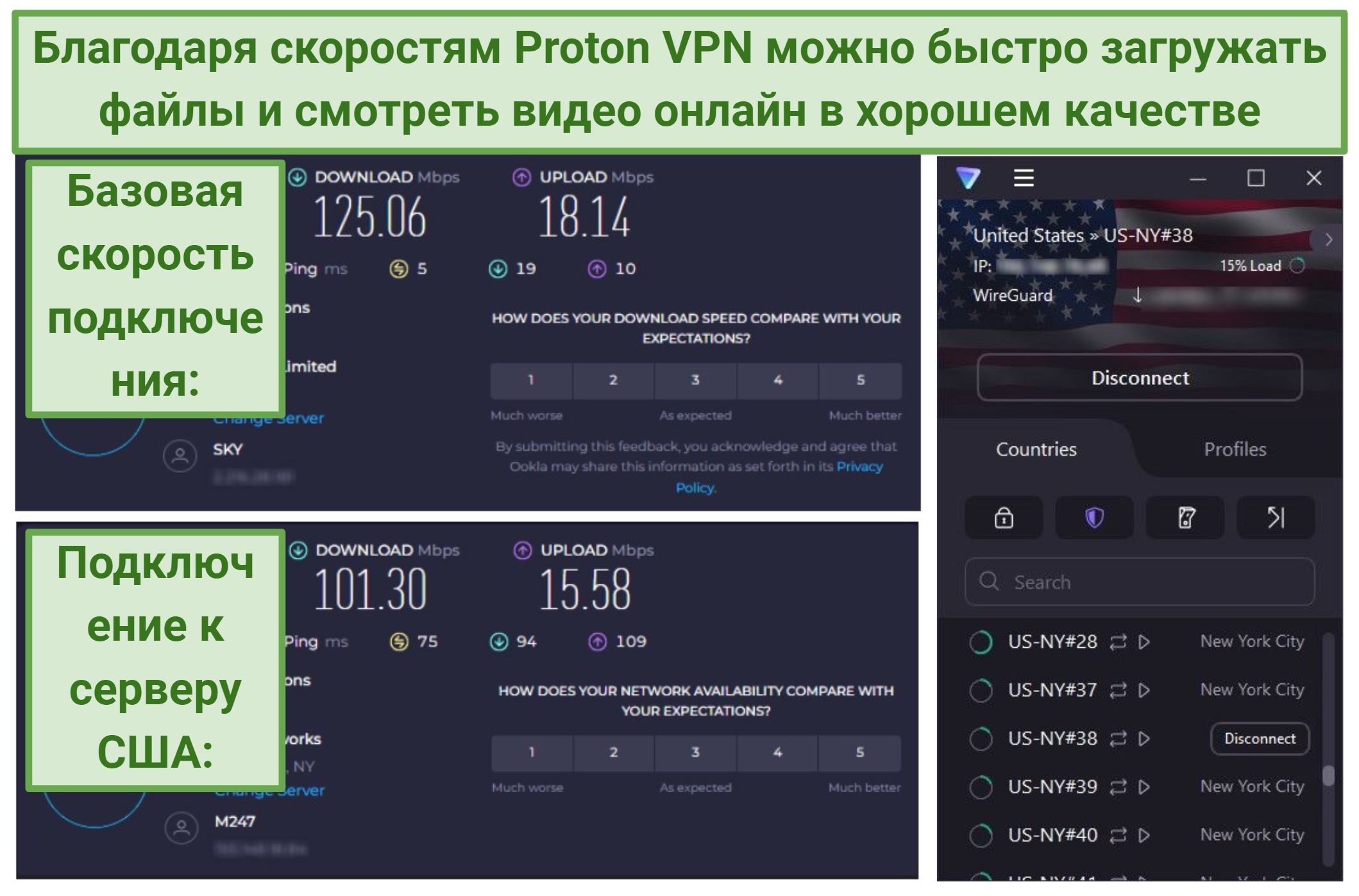 A screenshot of Proton VPN speed test results