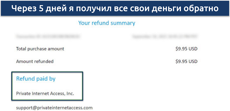 Screenshot showing the money-back guarantee refund issued by PIA