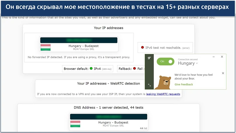 A screenshot showing TunnelBear passed DNS, IP leak, and WebRTC tests