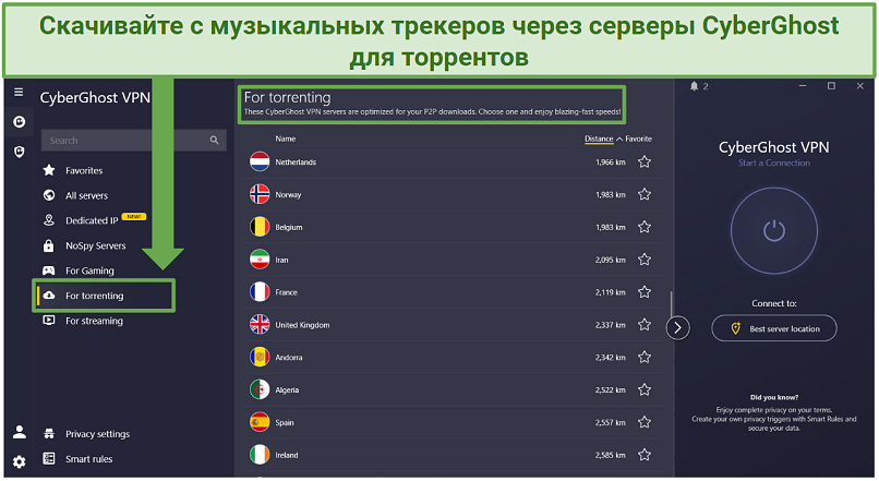 Screenshot of CyberGhost servers for torrenting