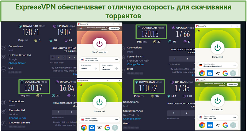 Pictures of ExpressVPN speed tests on Ookla in the UK, US, and Germany
