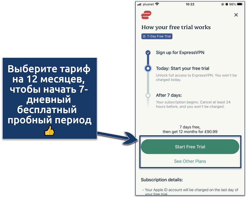 Screenshot explaining how ExpressVPN's free trial works
