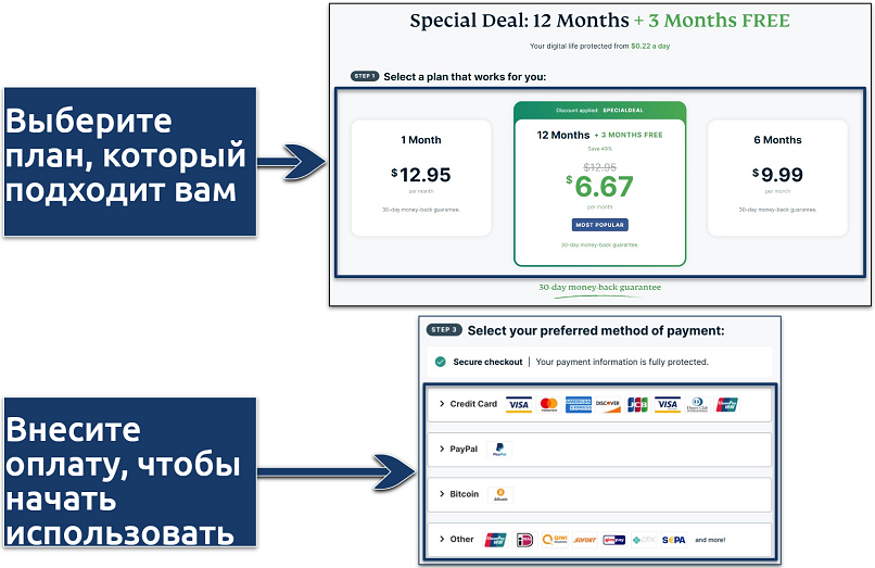 Screenshots showing how to purchase an ExpressVPN plan