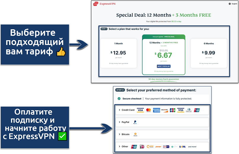 Screenshots showing how to purchase an ExpressVPN plan