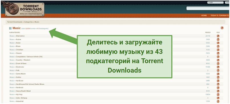 Screenshot from TorrentDownloads showing vast content libraries 