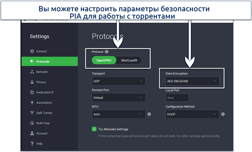 Screenshot of PIA's customized security settings