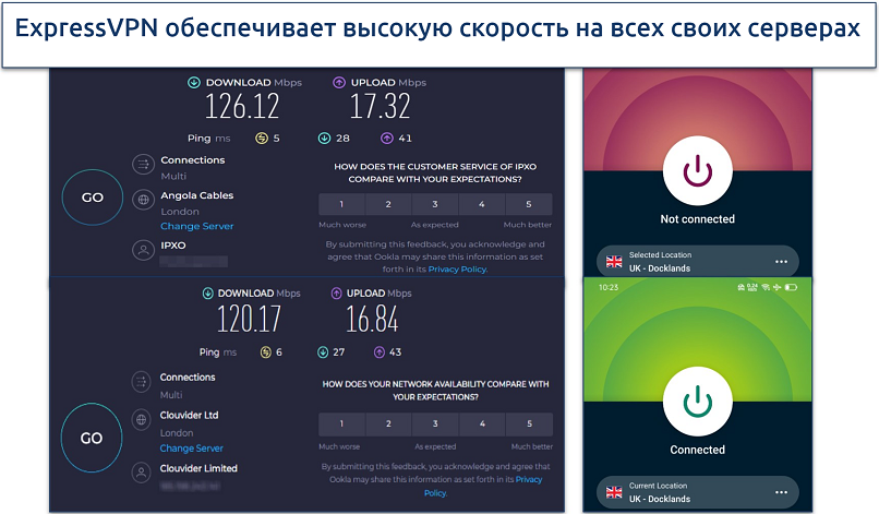 Screenshot of ExpressVPN's speed test results on Android