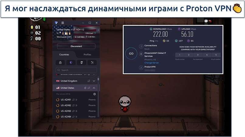 A screenshot showing playing The Binding of Isaac while connected to Proton VPN's fastest server