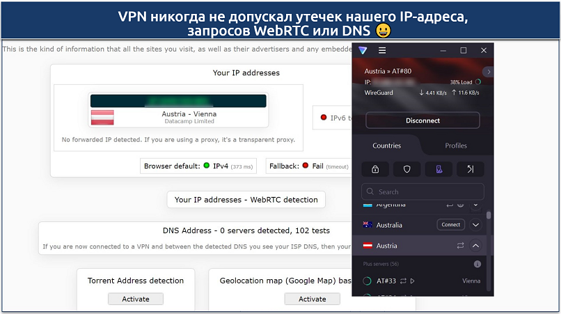 A screenshot showing Proton VPN passed DNS, IP leak, and WebRTC tests