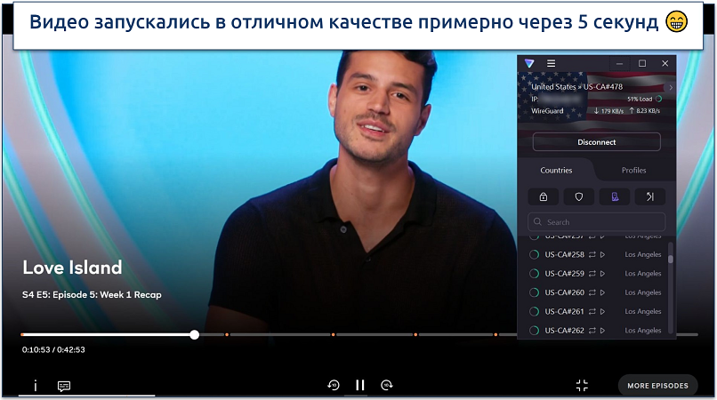 A screenshot of Peacock streaming Love Island while connected to Proton VPN's US streaming-optimized server