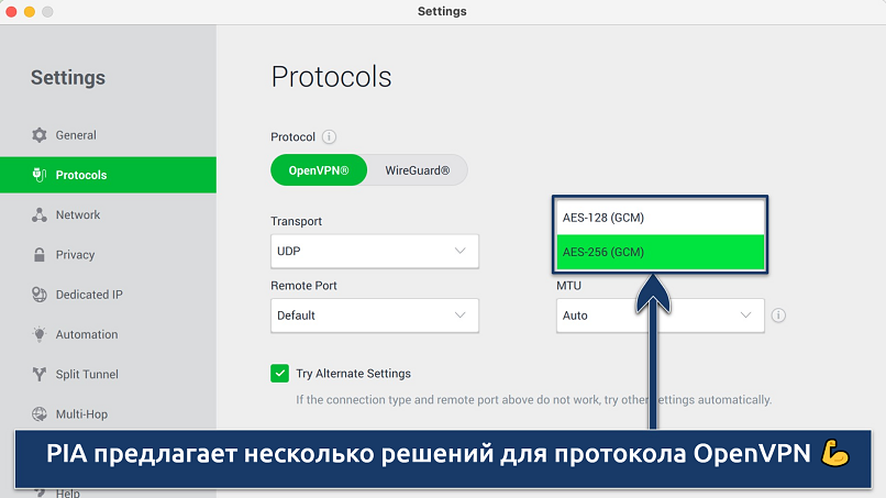 Screenshot showing how to switch encryption levels on the PIA app