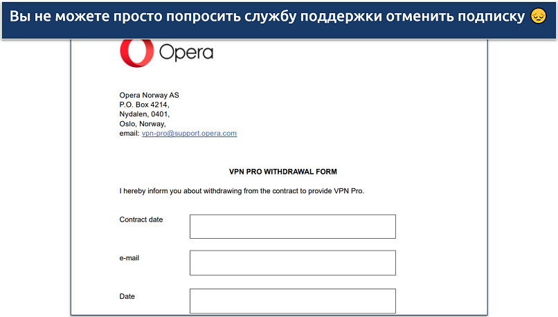 Screenshot of the withdrawal form available on Opera website