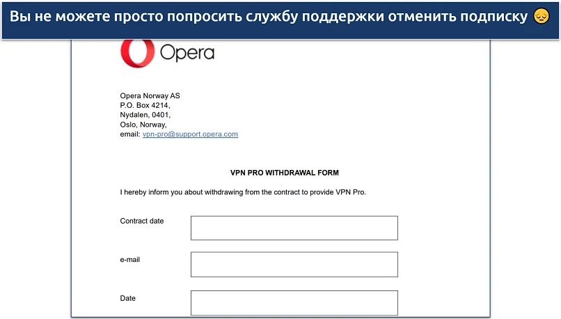 Screenshot of the withdrawal form available on Opera website