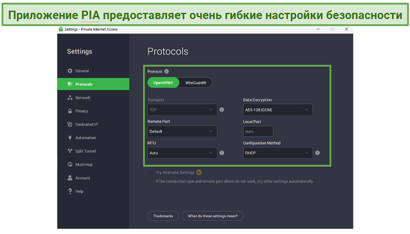 Screenshot of PIA's highly customizable security settings