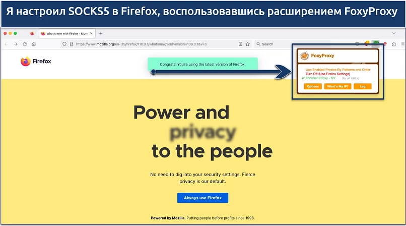 Screenshot of IPVanish SOCKS5 proxy set up in Firefox