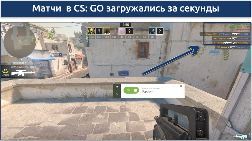 A screenshot showing playing Counter-Strike: Global Offensive while connected to TunnelBear's fastest server