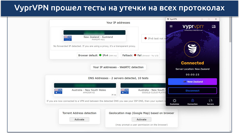 Скриншот теста на утечки с сайта ipleak.net в момент подключения к серверу VyprVPN в Новой Зеландии