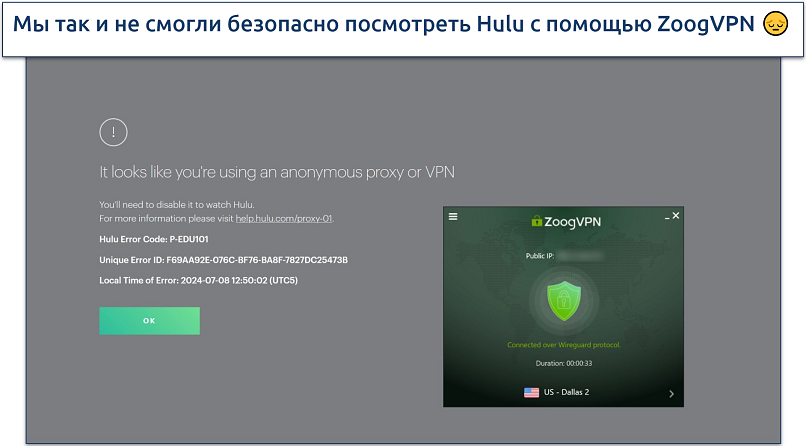 Скриншот Hulu отображает сообщение об ошибке при подключении к серверу Dallas 2 Zoog