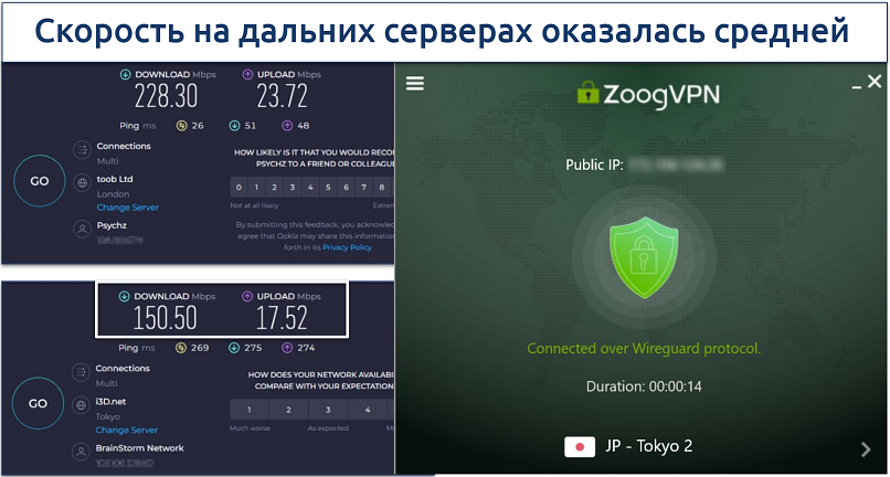 Скриншот результатов теста скорости Ookla без подключения к VPN и с подключением к серверу Zoog Tokyo 2