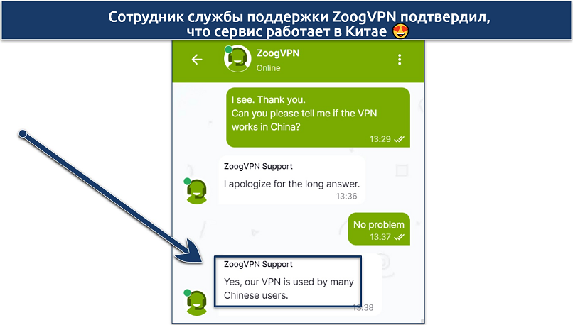 Скриншот беседы со службой поддержки ZoogVPN, где они утверждают, что он работает в Китае