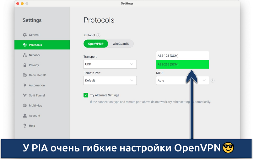 Screenshot showing the customization options on PIA's Settings menu