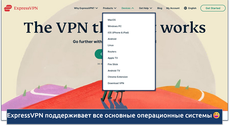 Screenshot of the compatible device list on the ExpressVPN landing page