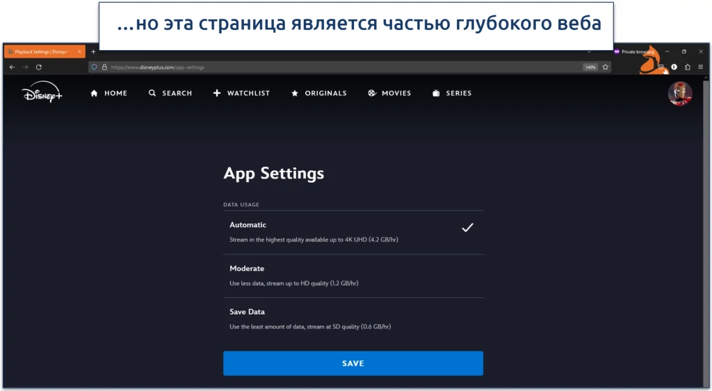 Скриншот страницы настроек приложения Disney Plus