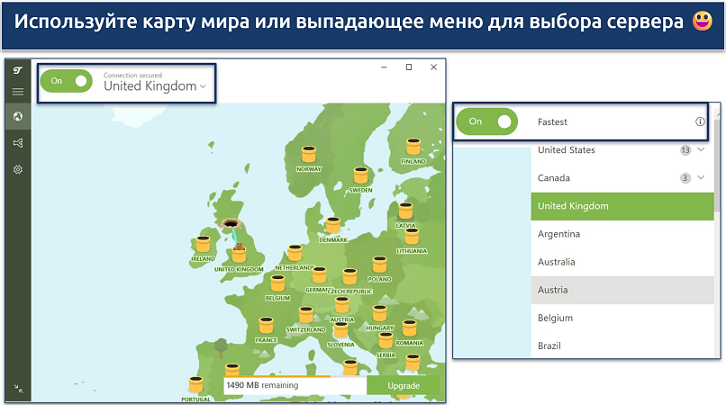 Screenshot of TunnelBear's free Windows VPN app showing server map and drop-down list