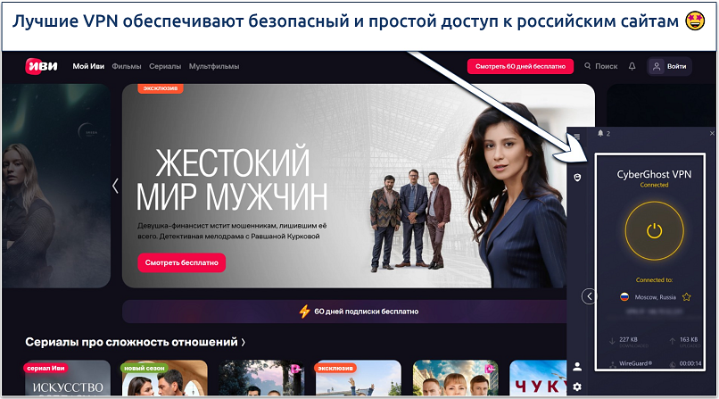 Screenshot of accessing ivi.tv with CyberGhost connected