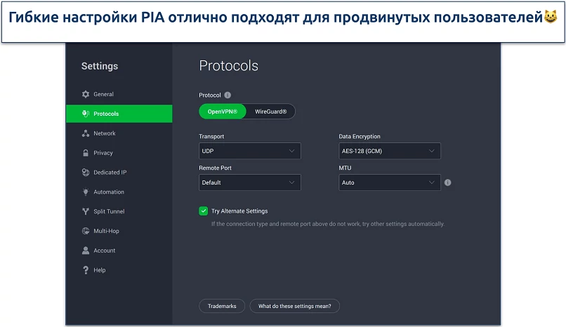 Screenshot of PIA's customizable security